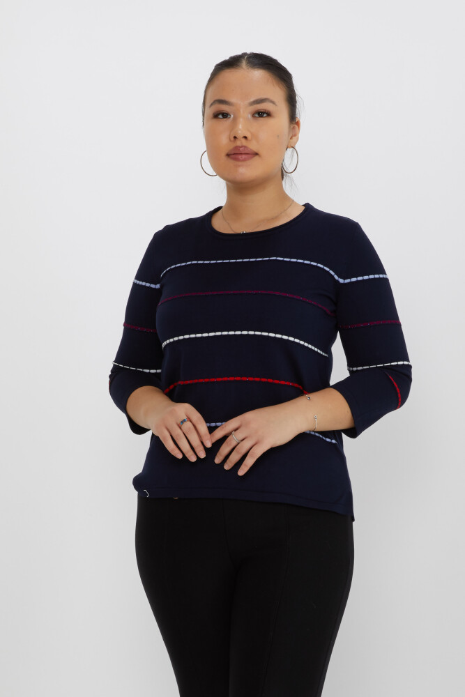 Knitted Sweater Stripe Embroidered Navy Blue-Blue - 31392 | KAZEE (Set of 3 M-L-XL) - 1