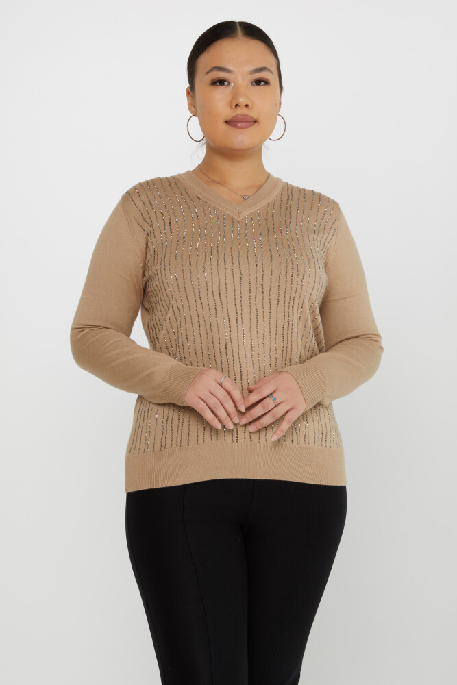 Knitted Sweater Stripe Stone Embroidered Beige - 31500 | KAZEE (Set of 3 L-XL-2XL) - 1