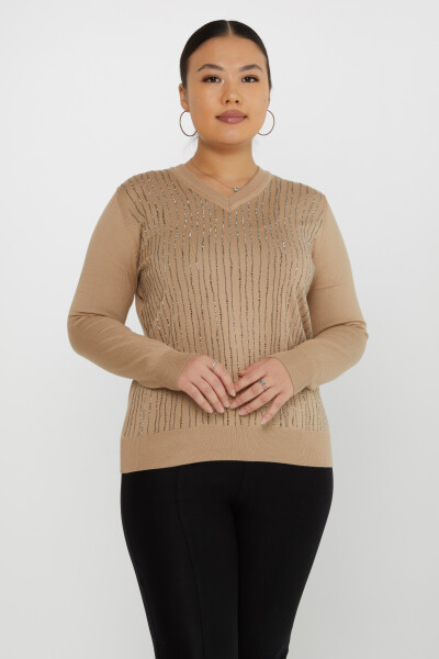 Knitted Sweater Stripe Stone Embroidered Beige - 31500 | KAZEE (Set of 3 L-XL-2XL) 