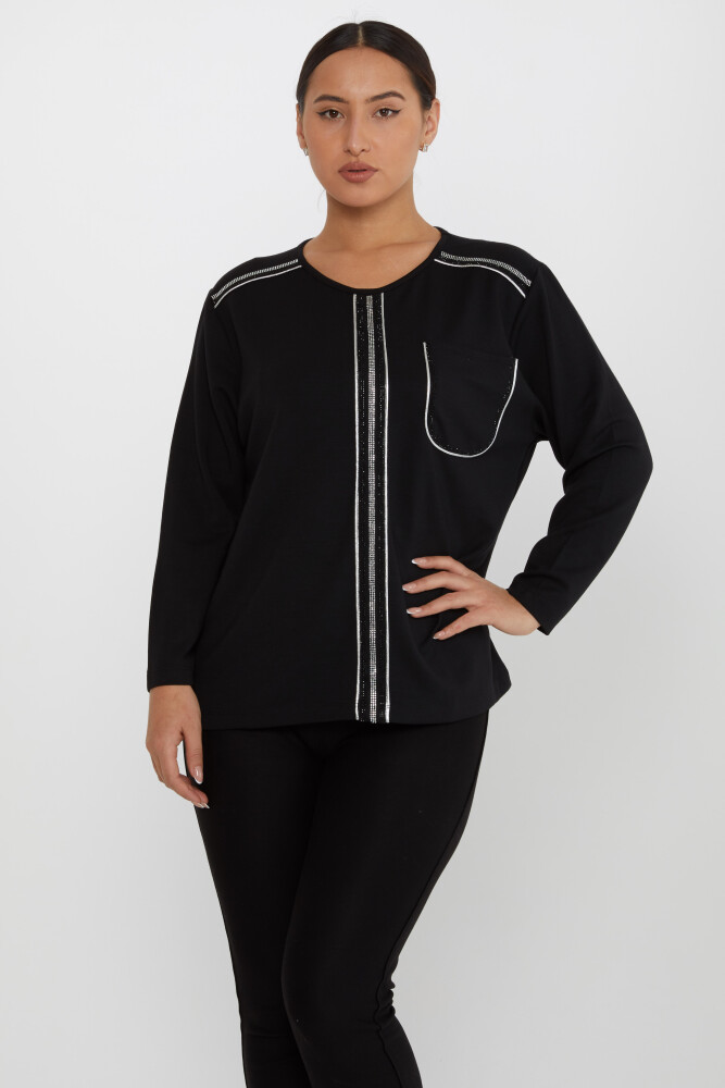 Knitted Sweater Stripe Stone Embroidered Black - 2234 | KAZEE (Set of 3 L-XL-2XL) - 1