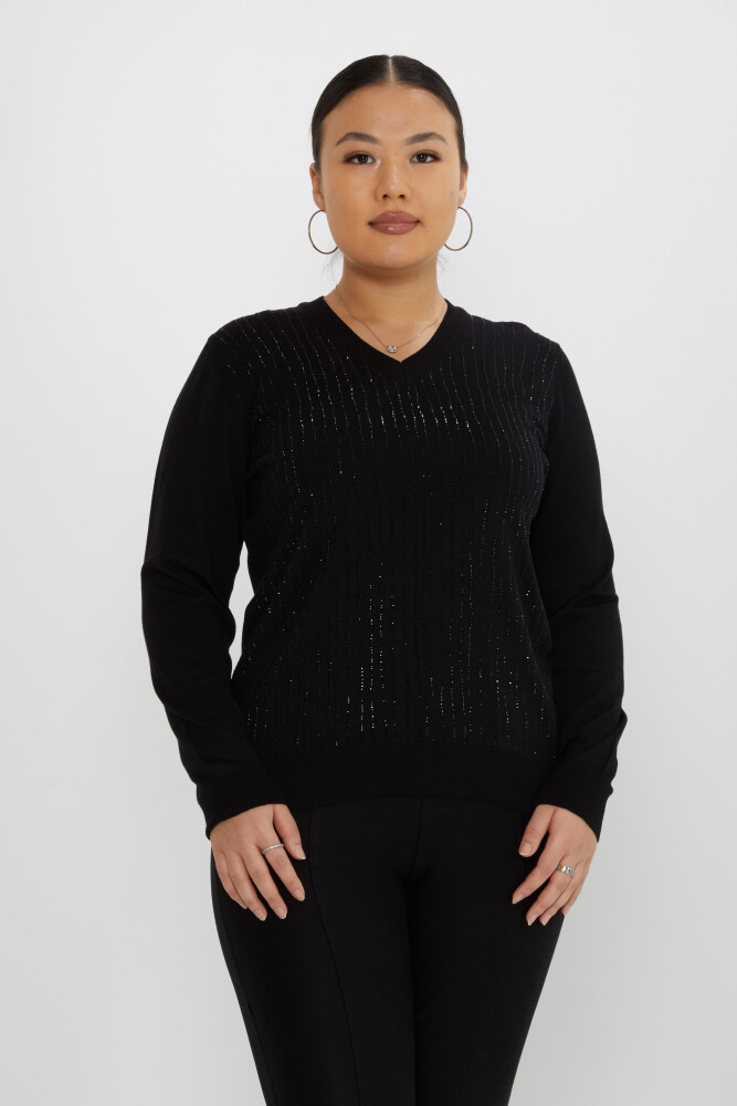 Knitted Sweater Stripe Stone Embroidered Black - 31500 | KAZEE (Set of 3 L-XL-2XL) - 1