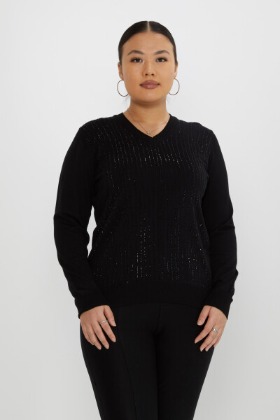 Knitted Sweater Stripe Stone Embroidered Black - 31500 | KAZEE (Set of 3 L-XL-2XL) 