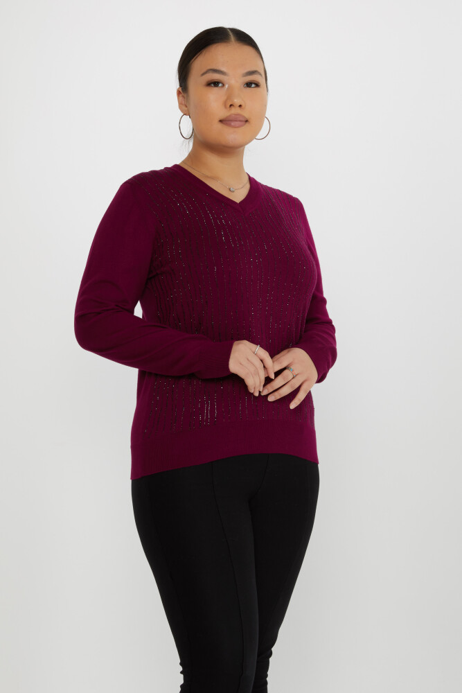 Knitted Sweater Stripe Stone Embroidered Purple - 31500 | KAZEE (Set of 3 L-XL-2XL) - 1