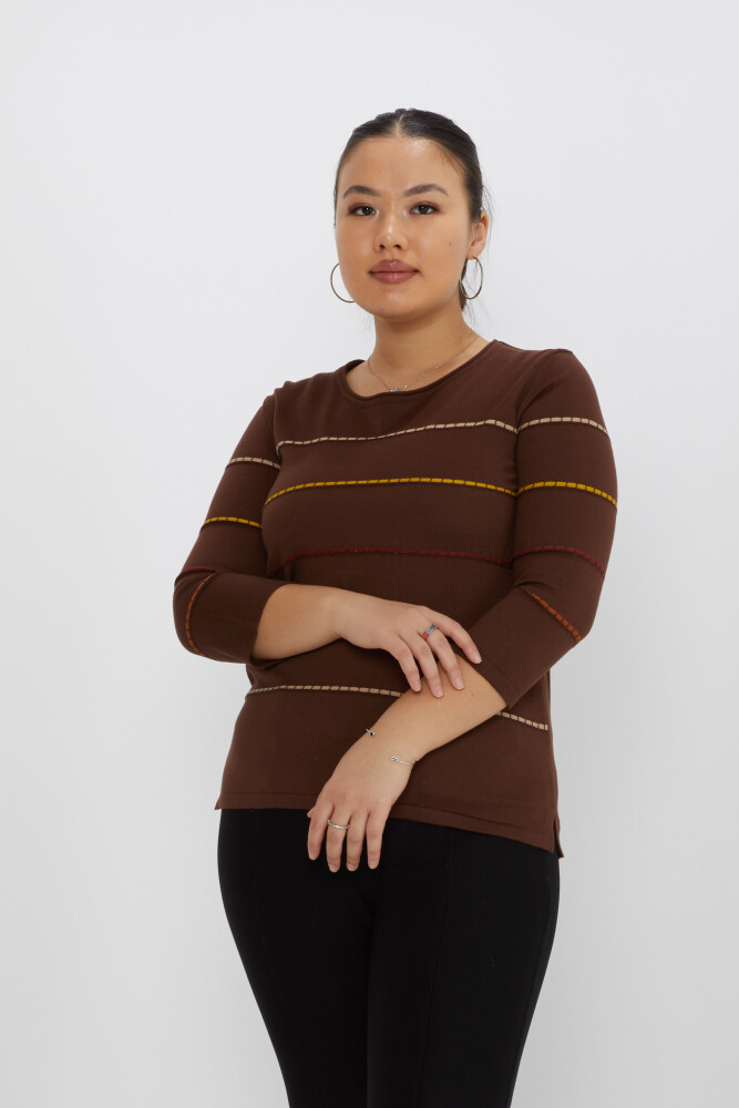 Knitted Sweater Striped Embroidered Coffee-Camel - 31392 | KAZEE (Set of 3 M-L-XL) - 1