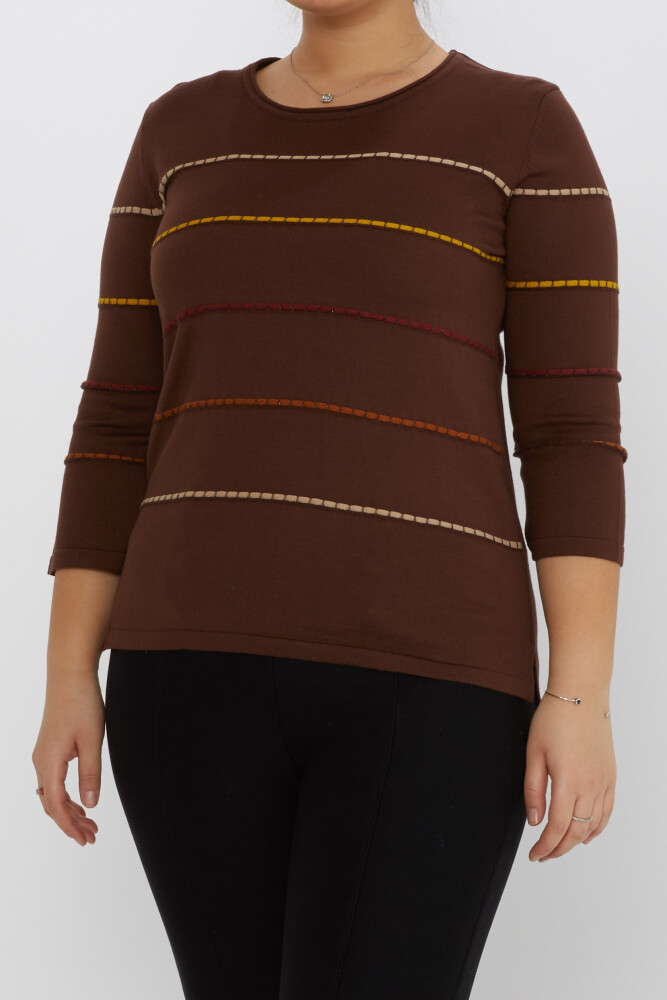 Knitted Sweater Striped Embroidered Coffee-Camel - 31392 | KAZEE (Set of 3 M-L-XL) - 2