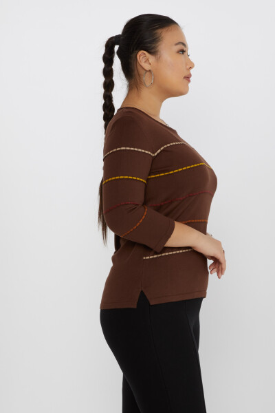 Knitted Sweater Striped Embroidered Coffee-Camel - 31392 | KAZEE (Set of 3 M-L-XL) - 3