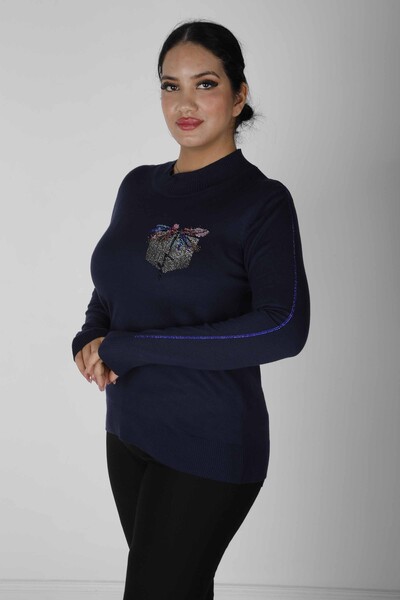 Knitted Sweater Pocket Stone Patterned Navy Blue - 30473 | KAZEE (Set of 4 L-XL-2XL-3XL) - Thumbnail