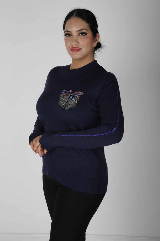 Knitted Sweater Pocket Stone Patterned Navy Blue - 30473 | KAZEE (Set of 4 L-XL-2XL-3XL)