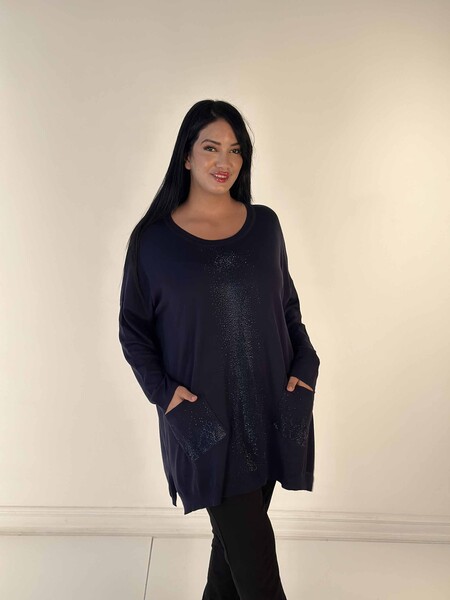 Maglione di maglieria da donna all'ingrosso con dettaglio tasca ricamato in pietra di cristallo, blu navy - 30602 | KAZEE 