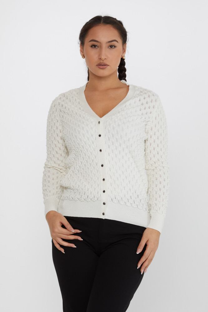 Cardigan en Maille Boutonné à Motifs Détaillés Ecru - 30036 | KAZEE (Lot de 4 M-L-XL-2XL) - 1