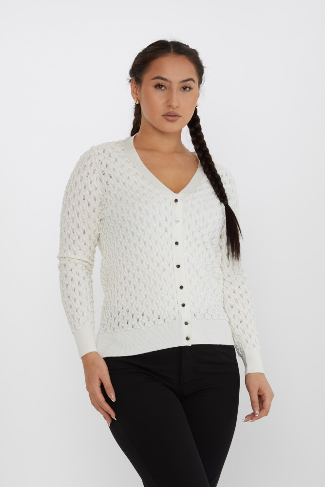 Cardigan en Maille Boutonné à Motifs Détaillés Ecru - 30036 | KAZEE (Lot de 4 M-L-XL-2XL) - 2