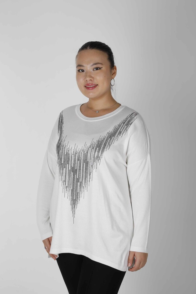 Pull Maille Fente Pierre Brodée Ecru - 30220 | KAZEE (Lot de 4 L-XL-2XL-3XL) - 1