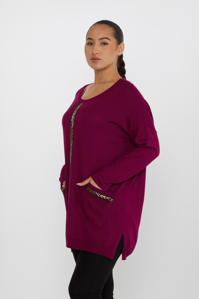 Pull en Maille Rayure Pierre Brodée Poche Détail Lilas - 30621 | KAZEE (Lot de 4 L-XL-2XL-3XL) - 1