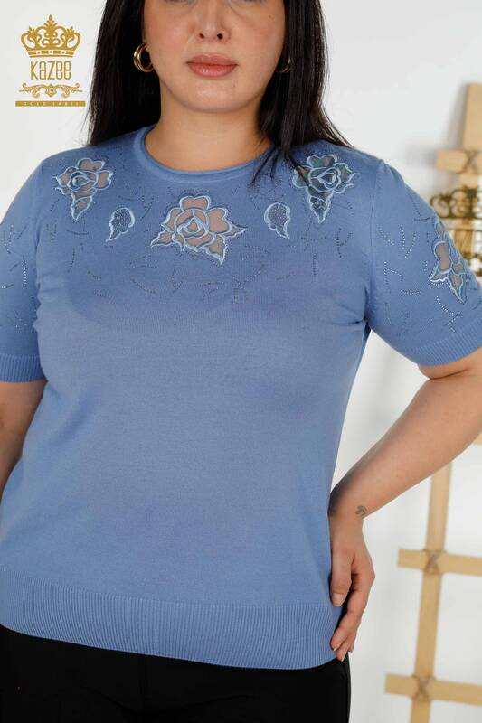 Venta al por mayor Suéter de punto para mujer con estampado de rosas azul - 16845 | KAZEE