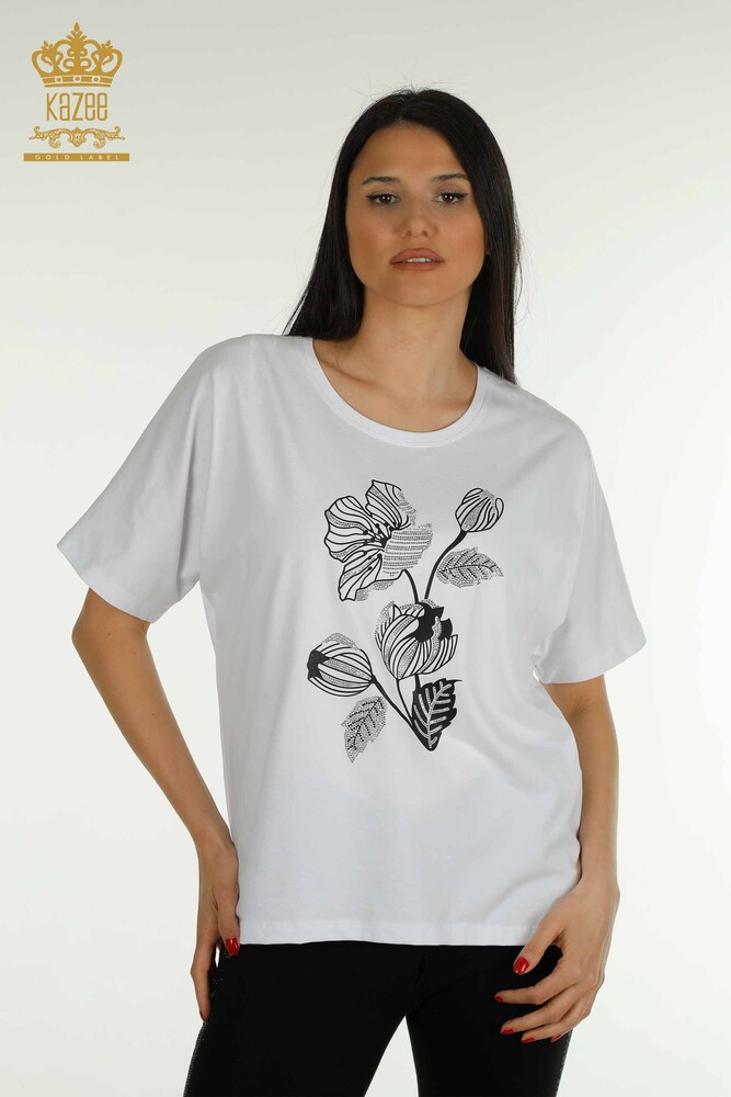 Venta al por mayor Blusa de mujer con bordado floral blanco - 79459 | KAZEE - 1