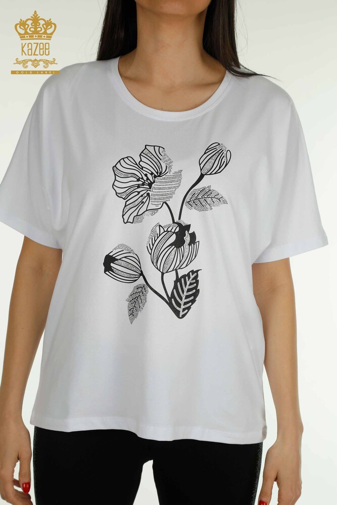 Venta al por mayor Blusa de mujer con bordado floral blanco - 79459 | KAZEE - 2