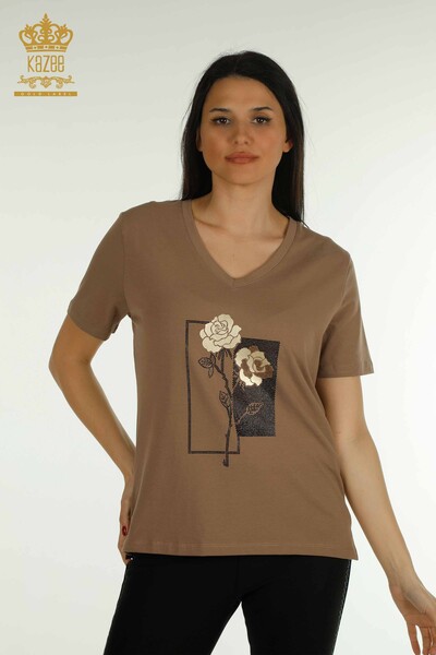 Venta al por mayor Blusa de Mujer con Bordado de Flores Marrón - 79860 | KAZEE - Kazee