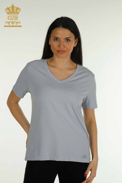 Kazee - Venta al por mayor Blusa de mujer con cuello en V Azul - 79564 | KAZEE