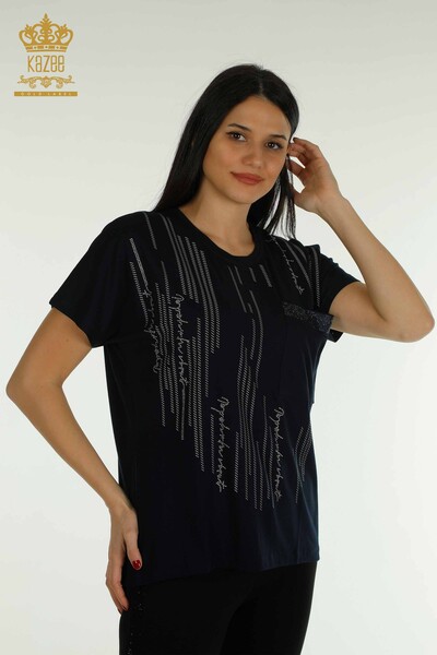 Al por mayor Blusa de mujer - Bolsillo detallado - Azul marino - 79140 | kazee 