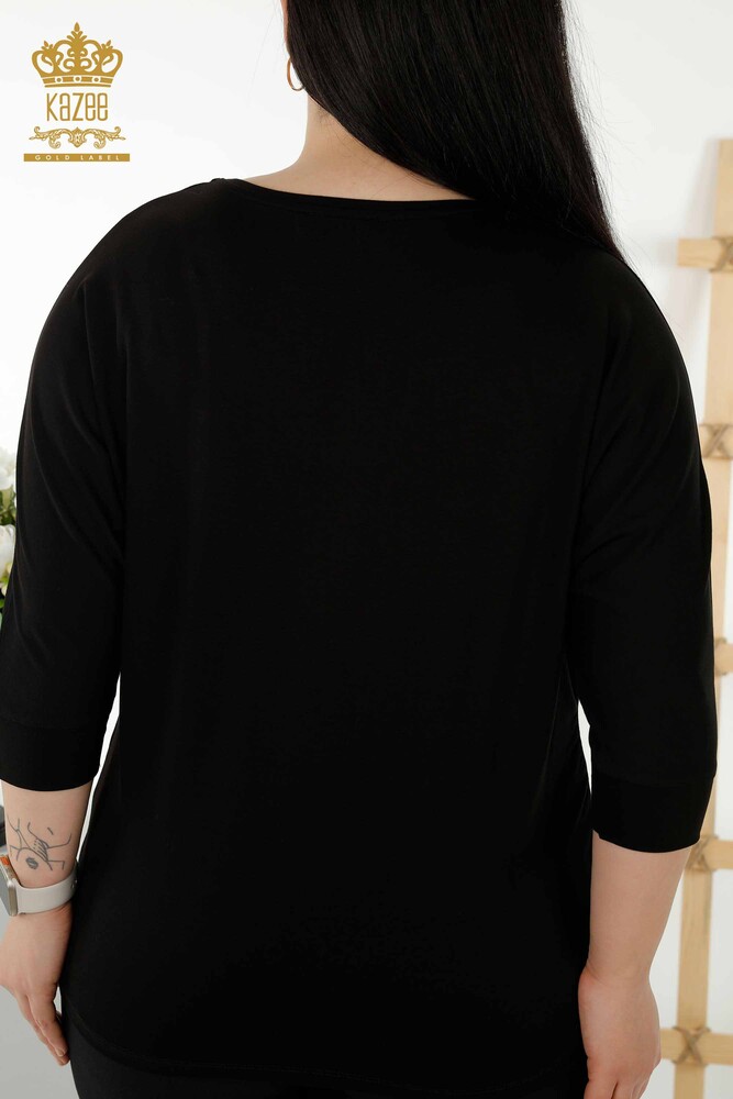 Al por mayor Blusa de mujer - Bolsillo bordado con piedra - Negro - 79222 | kazee - 7