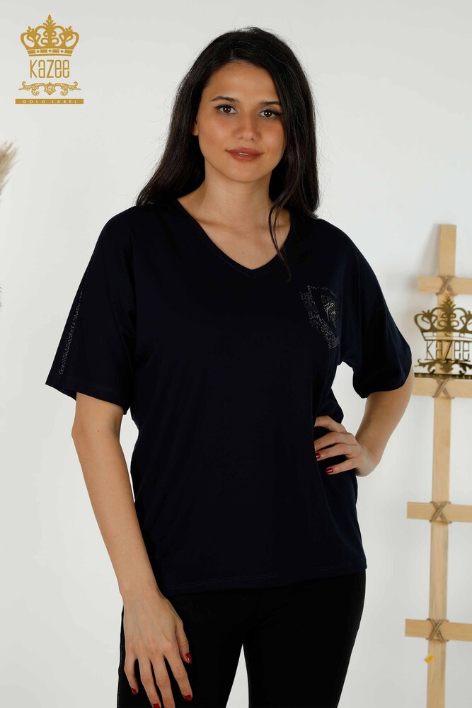 Venta Al por Mayor Blusa de Mujer - Piedra Bordada - Azul Marino - 77487 | kazee - 1