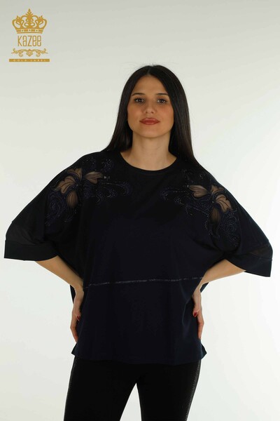 Venta al por Mayor Blusa de Mujer - Piedra Bordada - Azul Marino - 79057 | kazee 