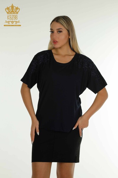 Venta al Por Mayor Blusa de Mujer - Piedra Bordado - Azul Marino - 79097 | kazee 