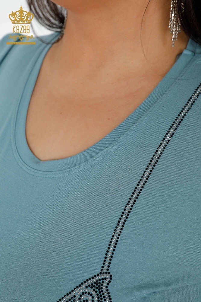 Venta al por mayor Blusa de Mujer con Bordado de Piedra y Cuello Redondo Azul - 79000 | kazee - 5