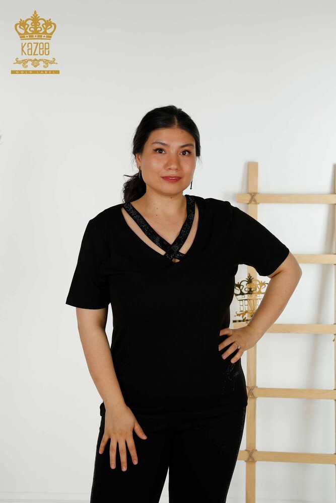 Venta al por mayor Blusa de Mujer con Cuello Detallado Negro - 79311 | kazee - 1