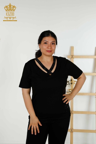 Venta al por mayor Blusa de Mujer con Cuello Detallado Negro - 79311 | kazee - Kazee