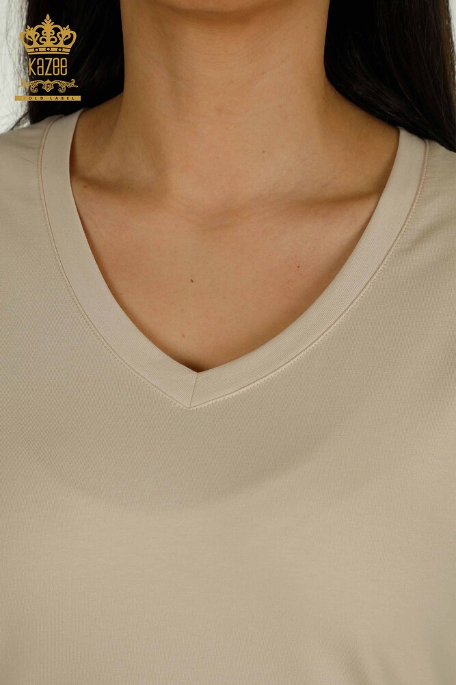 Venta al por mayor Blusa de Mujer Cuello en V Beige Claro - 79564 | KAZEE - 3