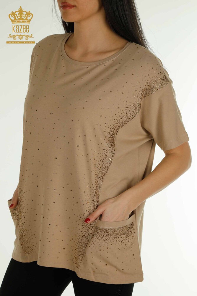 Venta al por mayor Blusa de Mujer - Dos Bolsillos - Manga Corta - Beige - 79293 | kazee - 2