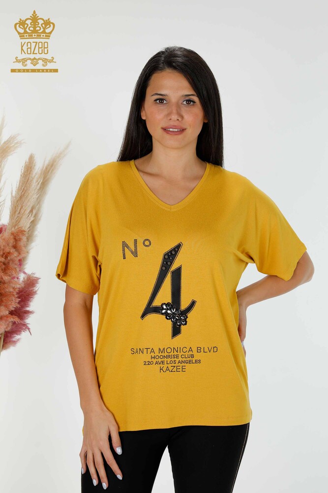 Venta al por mayor Blusa de Mujer Con Texto Detallado Azafrán - 78935 | kazee - 1