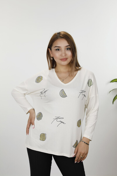 Venta al por mayor Blusa de mujer con estampado de piedra bordada con cuello en V y manga larga - 77934 | kazee - Kazee