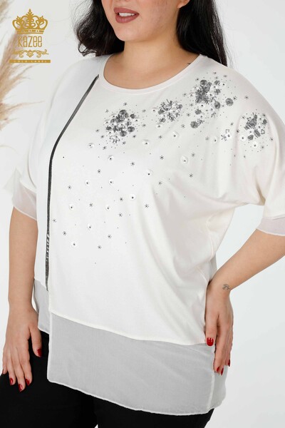 Venta al por mayor Blusa Mujer Estampado Floral Tul Detallado Crudo - 79032 | kazee - 2