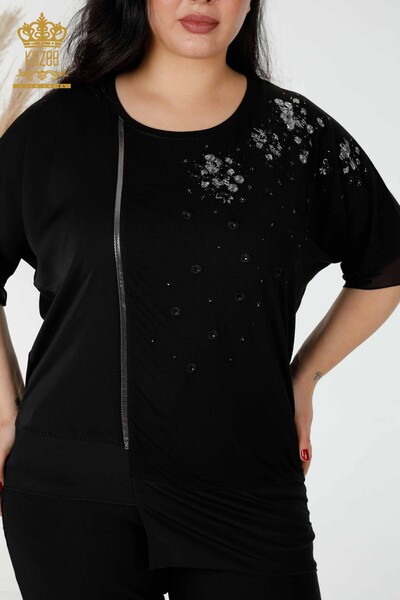 Venta al por mayor Blusa de Mujer Estampado Floral Tul Detallado Negro - 79032 | kazee - 2