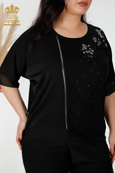 Venta al por mayor Blusa de Mujer Estampado Floral Tul Detallado Negro - 79032 | kazee - 7