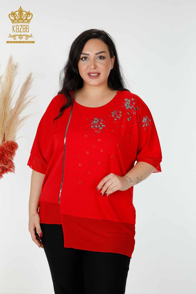 Venta al por mayor Blusa de Mujer Estampado Floral Tul Detallado Rojo - 79032 | kazee - 1