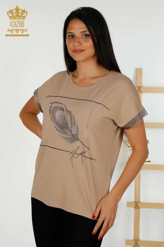 Venta al por Mayor Blusa de Mujer - Estampado de Hojas - Beige - 78878 | kazee - 1