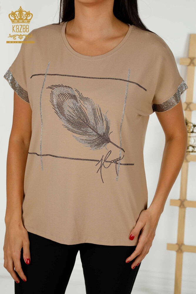 Venta al por Mayor Blusa de Mujer - Estampado de Hojas - Beige - 78878 | kazee - 2