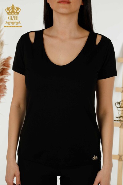 Al por mayor Blusa de mujer Hombro detallado Negro - 79220 | kazee - 2