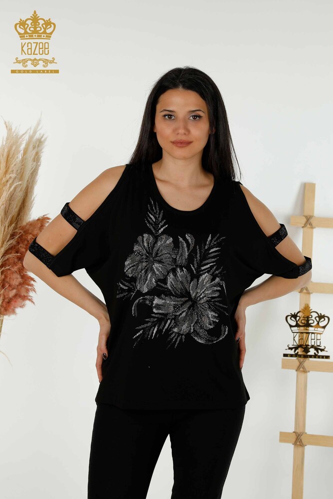 Venta al por mayor Blusa de mujer - Hombro detallado - Negro - 79289 | kazee - 1