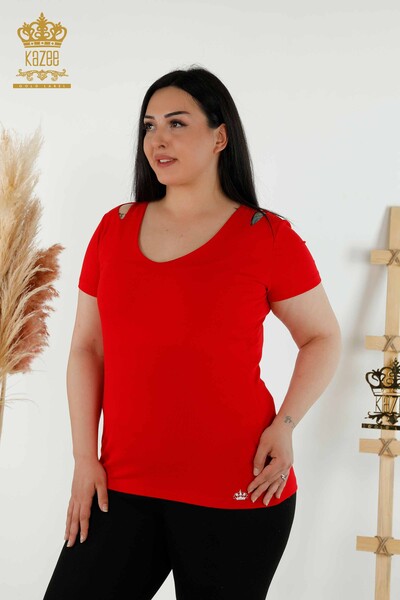 Venta Al por mayor Blusa de mujer - Hombro detallado - Rojo - 79220 | kazee - Kazee