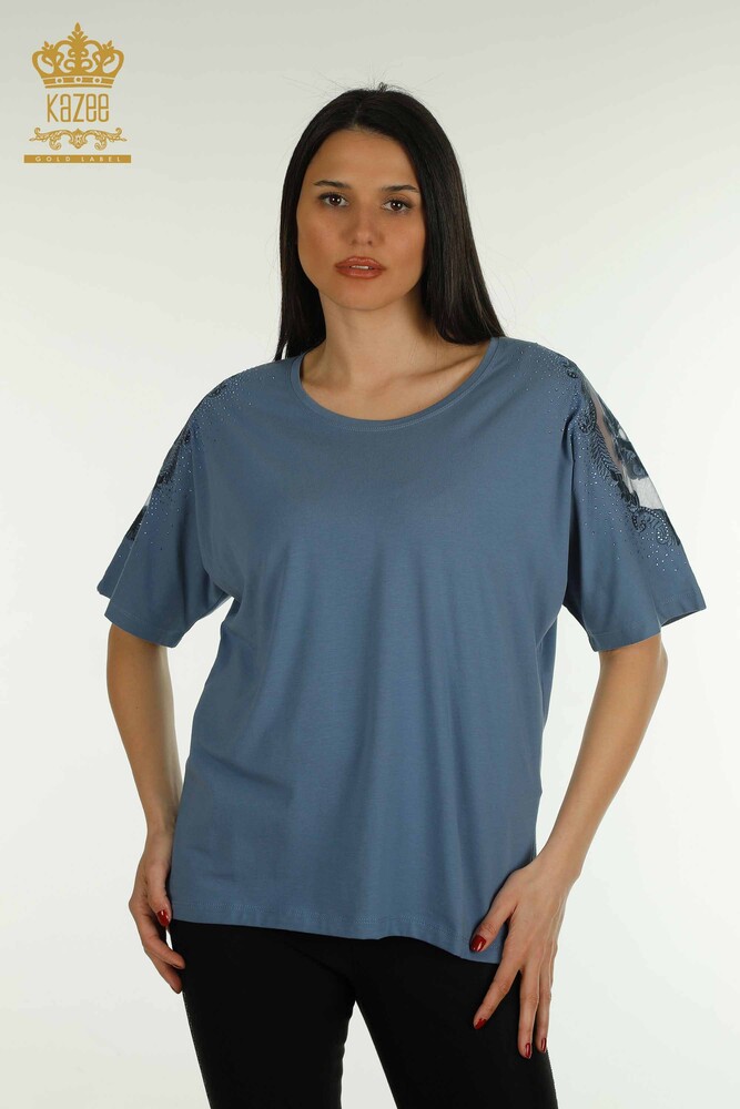 Venta al por mayor Blusa de Mujer Hombro Tul Detallado Indigo - 79553 | KAZEE - 1