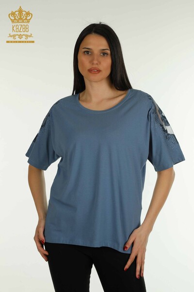 Venta al por mayor Blusa de Mujer Hombro Tul Detallado Indigo - 79553 | KAZEE - Kazee