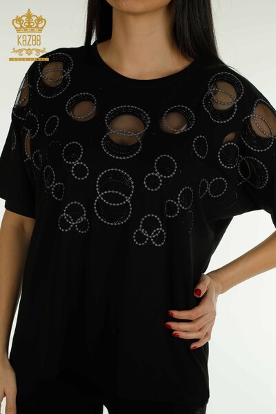 Venta al por mayor Blusa de Mujer - Manga Corta - Estampada - Negra - 79094 | kazee - 2