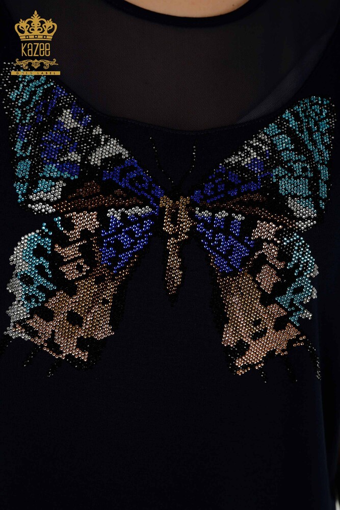 Venta al por mayor Blusa de Mujer - Patrón Mariposa - Azul Marino - 79103 | kazee - 3