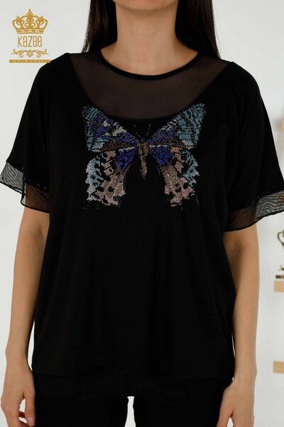 Venta al por mayor Blusa de Mujer - Patrón Mariposa - Negra - 79103 | kazee - 2