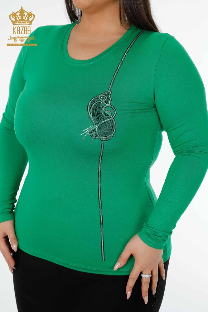 Venta al por mayor Blusa de Mujer con Bordado de Piedra y Cuello Redondo Verde - 79000 | kazee - 2