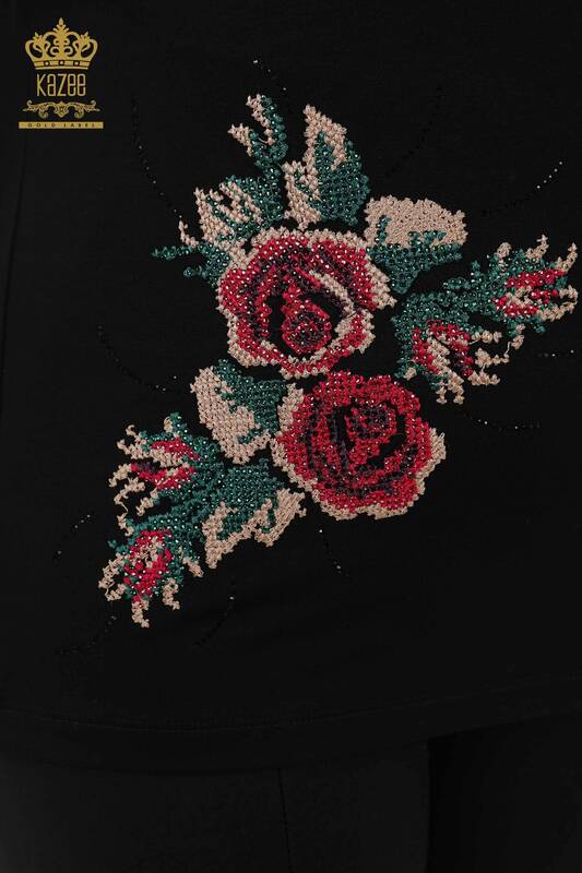 Venta al por mayor Blusa de Mujer - Estampado de Rosas - Negra - 79046 | kazee